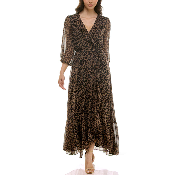 Gabby Skye MAISON TARA LEOPARD PRINT FAUX WRAP CHIFFON MAXI DRESS BROWN/BLACK
