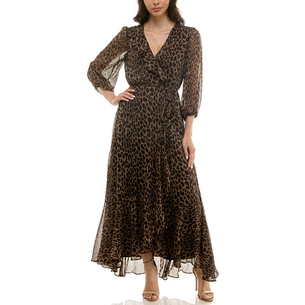 Gabby Skye MAISON TARA LEOPARD PRINT FAUX WRAP CHIFFON MAXI DRESS BROWN/BLACK
