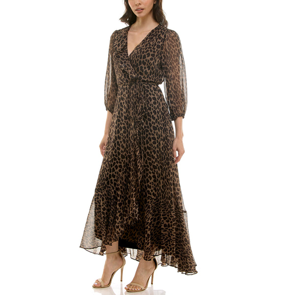 Gabby Skye MAISON TARA LEOPARD PRINT FAUX WRAP CHIFFON MAXI DRESS BROWN/BLACK