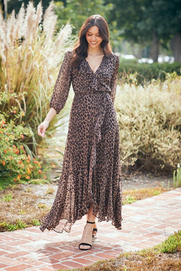 gabby skye MAISON TARA LEOPARD PRINT FAUX WRAP CHIFFON MAXI DRESS BROWN/BLACK