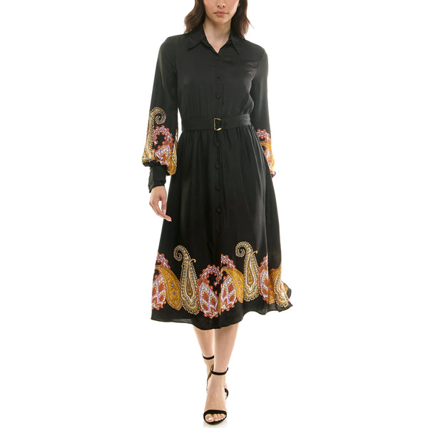 Gabby Skye MAISON TARA LONG SLEEVE BELTED PAISLEY BORDER PRINT MIDAXI SHIRT DRESS BLACK/GOLD