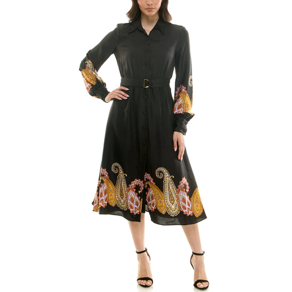 Gabby Skye MAISON TARA LONG SLEEVE BELTED PAISLEY BORDER PRINT MIDAXI SHIRT DRESS BLACK/GOLD