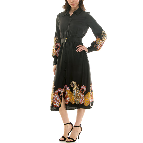 Gabby Skye MAISON TARA LONG SLEEVE BELTED PAISLEY BORDER PRINT MIDAXI SHIRT DRESS BLACK/GOLD