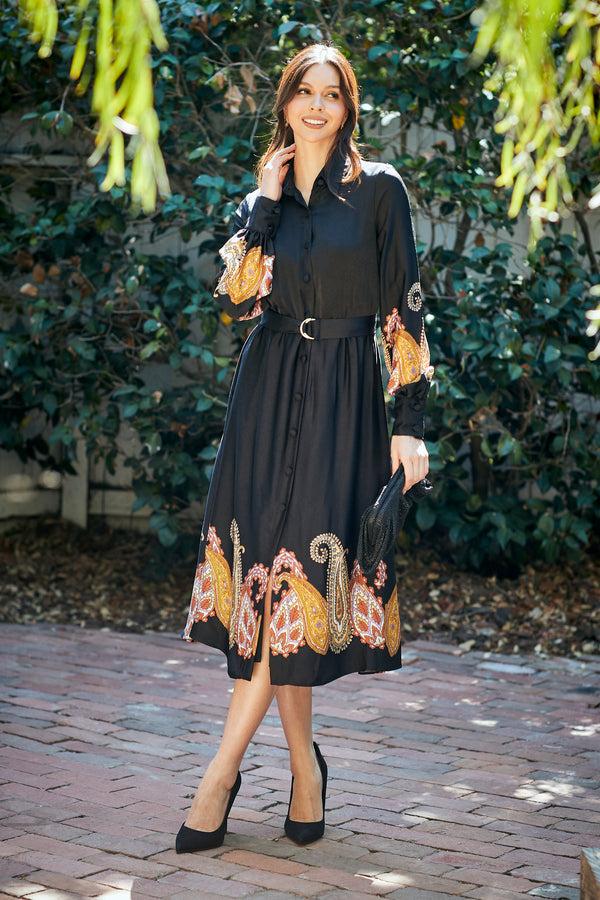 gabby skye MAISON TARA LONG SLEEVE BELTED PAISLEY BORDER PRINT MIDAXI SHIRT DRESS BLACK/GOLD