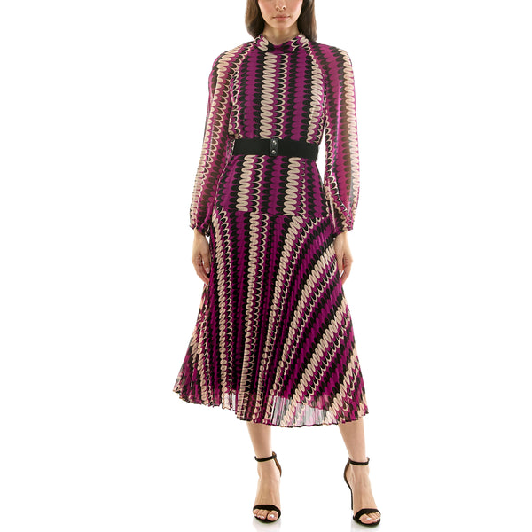 Gabby Skye MAISON TARA LONG SLEEVE BELTED RETRO PRINT DROP WAIST MIDI DRESS MULBERRY/BLACK/SAND