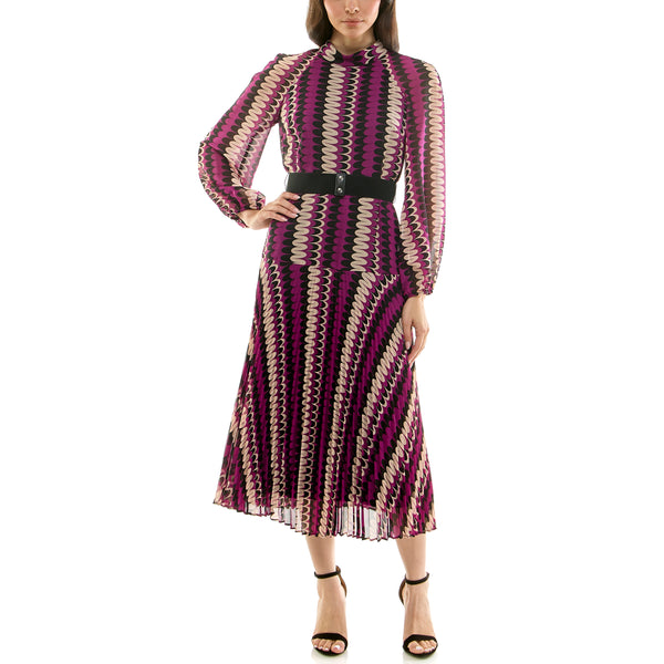 Gabby Skye MAISON TARA LONG SLEEVE BELTED RETRO PRINT DROP WAIST MIDI DRESS MULBERRY/BLACK/SAND