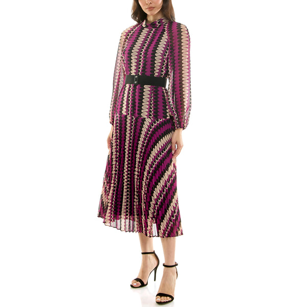 Gabby Skye MAISON TARA LONG SLEEVE BELTED RETRO PRINT DROP WAIST MIDI DRESS MULBERRY/BLACK/SAND