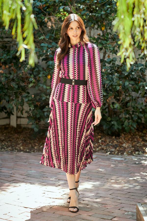 gabby skye MAISON TARA LONG SLEEVE BELTED RETRO PRINT DROP WAIST MIDI DRESS MULBERRY/BLACK/SAND