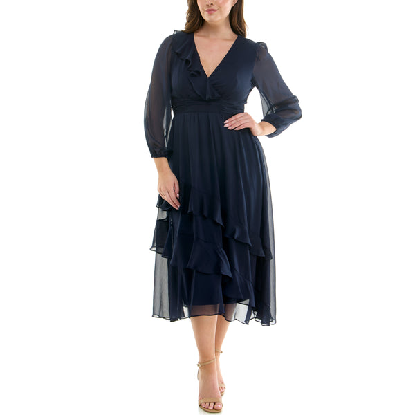 Gabby Skye MAISON TARA LONG SLEEVE RUFFLED CHIFFON CURVE MAXI DRESS NAVY