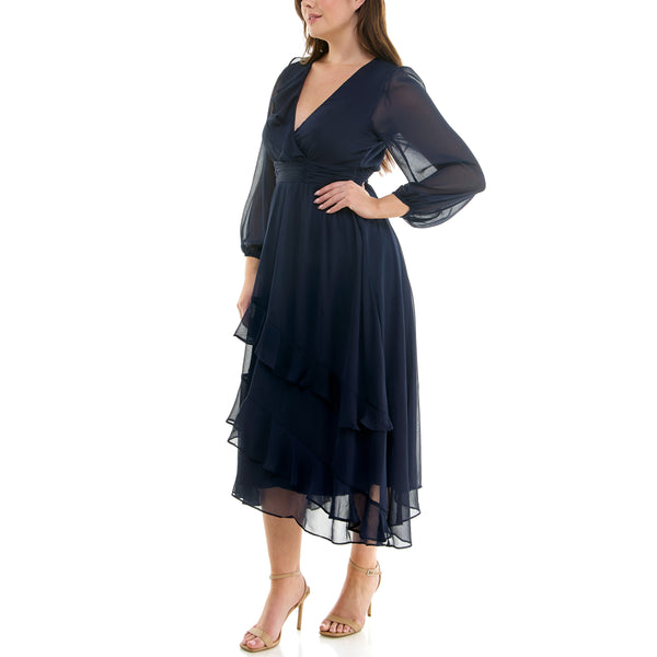 Gabby Skye MAISON TARA LONG SLEEVE RUFFLED CHIFFON CURVE MAXI DRESS NAVY