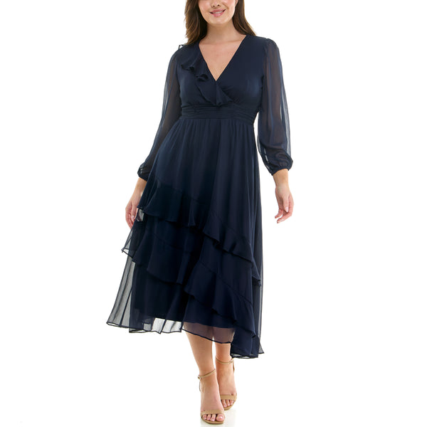 gabby skye MAISON TARA LONG SLEEVE RUFFLED CHIFFON CURVE MAXI DRESS NAVY gabby skye MAISON TARA LONG SLEEVE RUFFLED CHIFFON CURVE MAXI DRESS NAVY