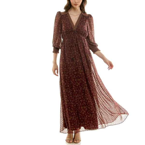 Gabby Skye MAISON TARA LONG SLEEVED PAISLEY PRINT MAXI DRESS MULBERRY/TAUPE