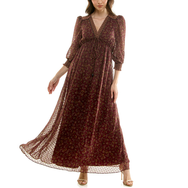 Gabby Skye MAISON TARA LONG SLEEVED PAISLEY PRINT MAXI DRESS MULBERRY/TAUPE
