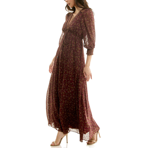 Gabby Skye MAISON TARA LONG SLEEVED PAISLEY PRINT MAXI DRESS MULBERRY/TAUPE