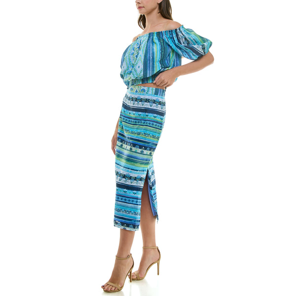 Gabby Skye MAISON TARA MIXED BOHO PRINT OFF THE SHOULDER BLOUSON TWO PIECE MIDI DRESS SET AQUA/LIME