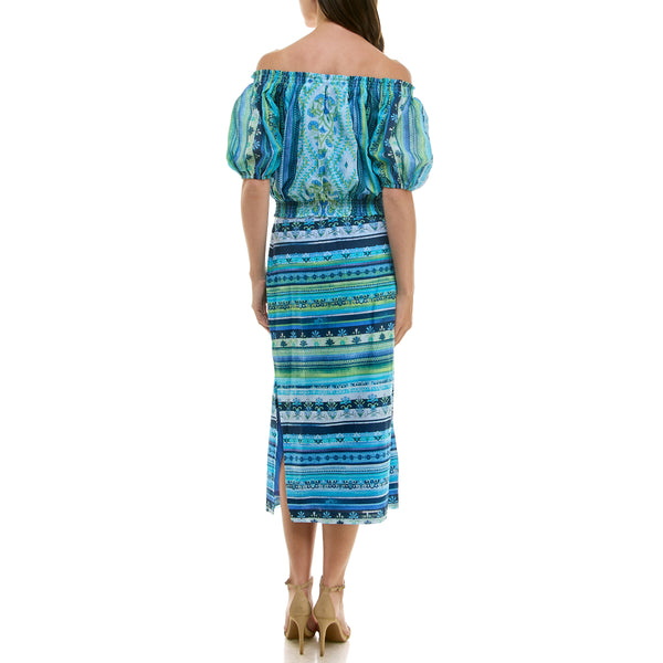Gabby Skye MAISON TARA MIXED BOHO PRINT OFF THE SHOULDER BLOUSON TWO PIECE MIDI DRESS SET AQUA/LIME