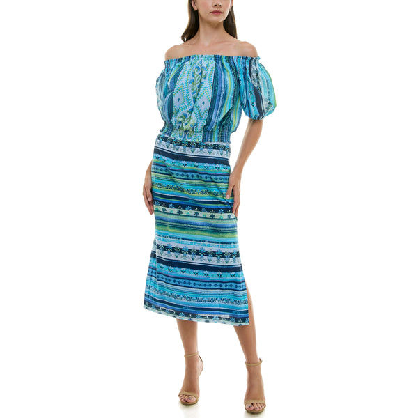 gabby skye MAISON TARA MIXED BOHO PRINT OFF THE SHOULDER BLOUSON TWO PIECE MIDI DRESS SET AQUA/LIME gabby skye MAISON TARA MIXED BOHO PRINT OFF THE SHOULDER BLOUSON TWO PIECE MIDI DRESS SET AQUA/LIME
