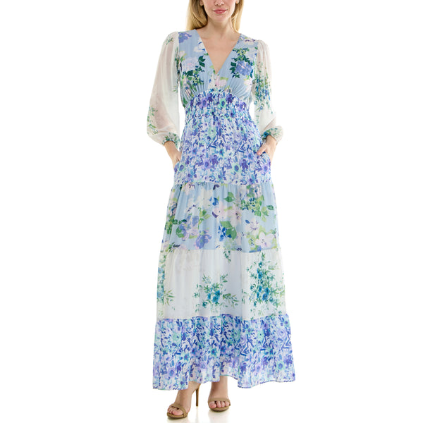 Gabby Skye MAISON TARA MIXED PRINT LONG SLEEVE TIERED CREPE MAXI DRESS BLUE MULTI