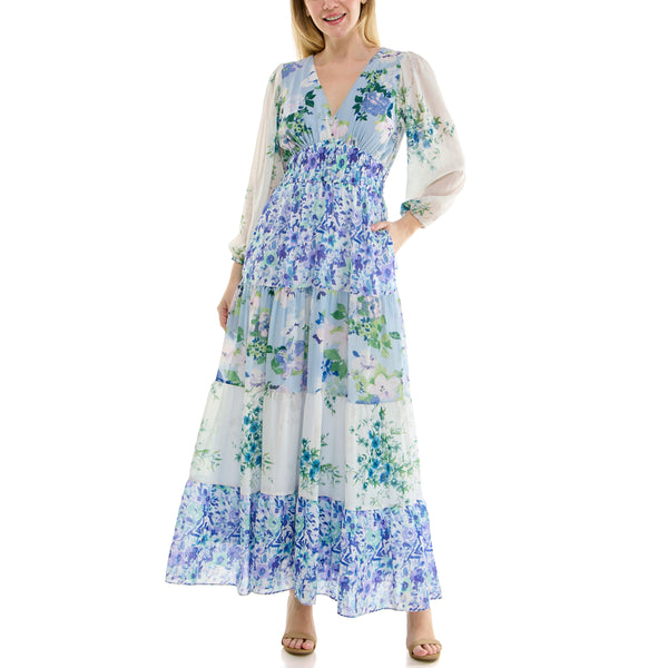 Gabby Skye MAISON TARA MIXED PRINT LONG SLEEVE TIERED CREPE MAXI DRESS BLUE MULTI