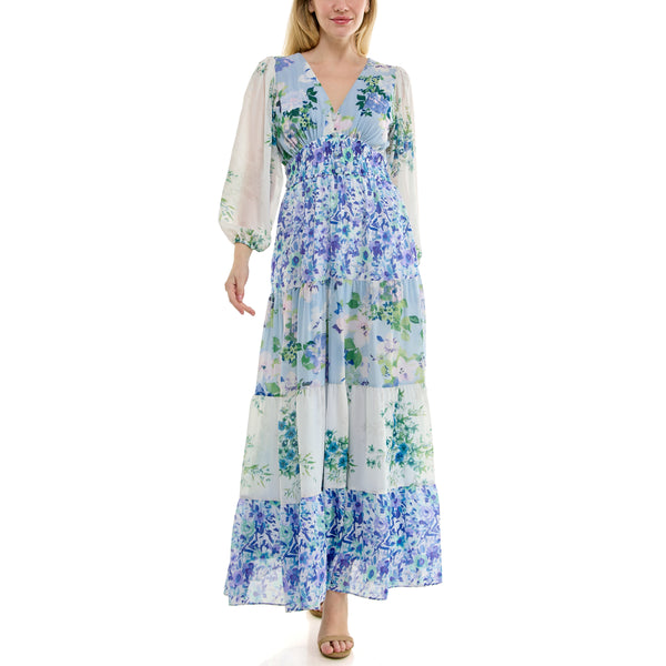 Gabby Skye MAISON TARA MIXED PRINT LONG SLEEVE TIERED CREPE MAXI DRESS BLUE MULTI