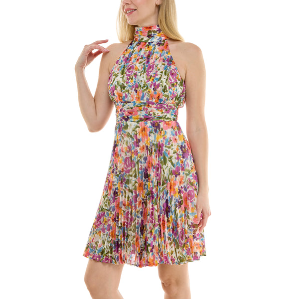 Gabby Skye MAISON TARA MOCK NECK HALTER WATERCOLOR FLORAL PRINT KNEE LENGTH DRESS IVORY MULTI