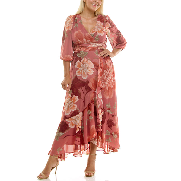 Gabby Skye MAISON TARA MULTICOLOR FLORAL FAUX WRAP CHIFFON CURVE MAXI DRESS ROSEWOOD/BLUSH