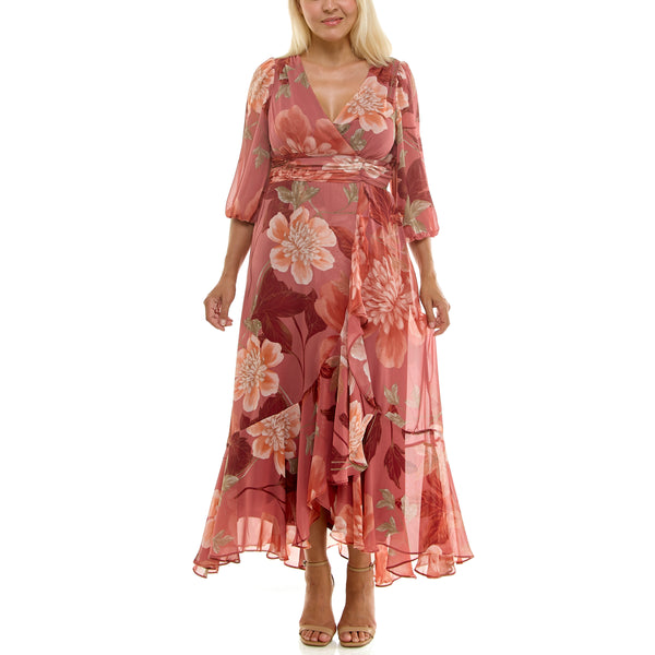 gabby skye MAISON TARA MULTICOLOR FLORAL FAUX WRAP CHIFFON CURVE MAXI DRESS ROSEWOOD/BLUSH