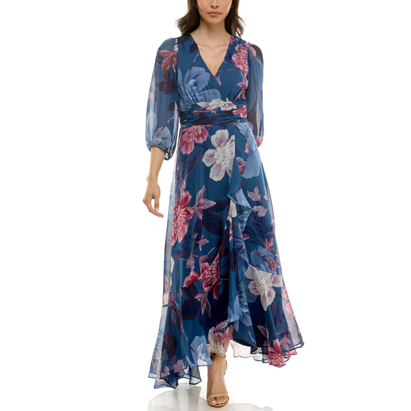 Gabby Skye MAISON TARA MULTICOLOR FLORAL FAUX WRAP CHIFFON MAXI DRESS SLATE MULTI