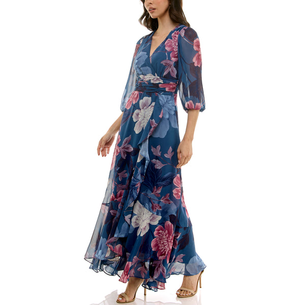 Gabby Skye MAISON TARA MULTICOLOR FLORAL FAUX WRAP CHIFFON MAXI DRESS SLATE MULTI