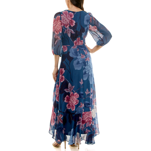 Gabby Skye MAISON TARA MULTICOLOR FLORAL FAUX WRAP CHIFFON MAXI DRESS SLATE MULTI