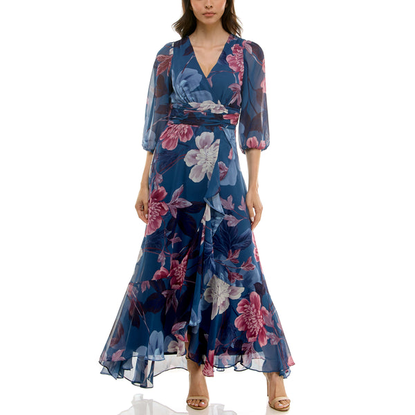 gabby skye MAISON TARA MULTICOLOR FLORAL FAUX WRAP CHIFFON MAXI DRESS SLATE MULTI