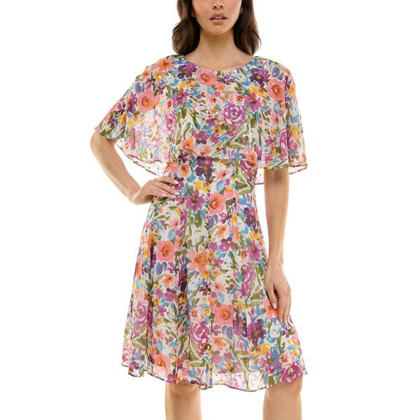 Gabby Skye MAISON TARA MULTICOLOR FLORAL PRINT YORYU CAPELET KNEE LENGTH DRESS IVORY MULTI