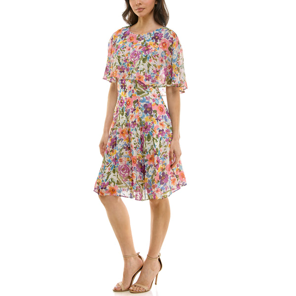Gabby Skye MAISON TARA MULTICOLOR FLORAL PRINT YORYU CAPELET KNEE LENGTH DRESS IVORY MULTI