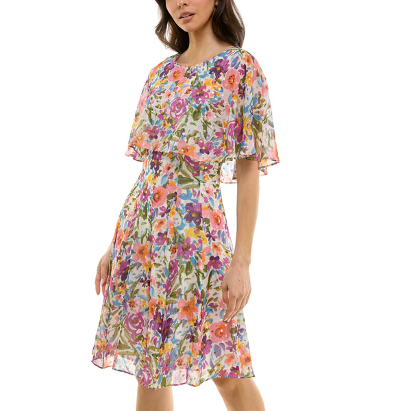 Gabby Skye MAISON TARA MULTICOLOR FLORAL PRINT YORYU CAPELET KNEE LENGTH DRESS IVORY MULTI