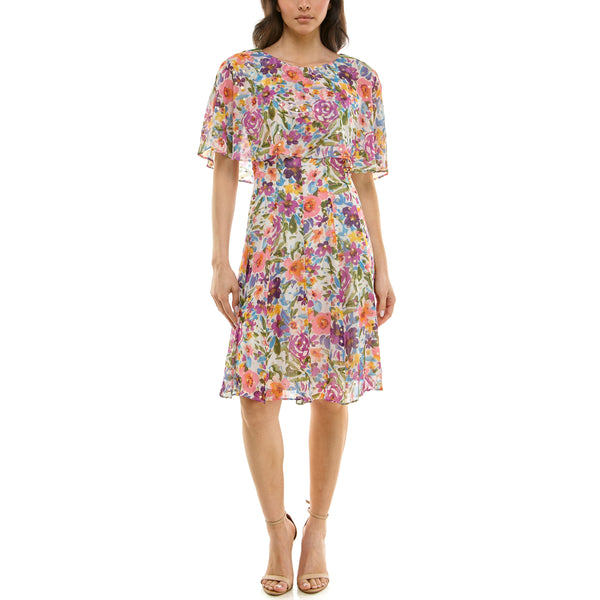 gabby skye MAISON TARA MULTICOLOR FLORAL PRINT YORYU CAPELET KNEE LENGTH DRESS IVORY MULTI