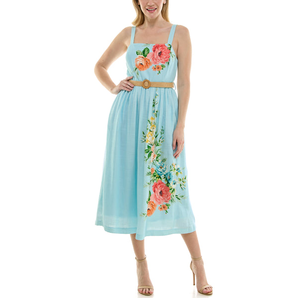 Gabby Skye MAISON TARA MULTICOLOR ROSE PRINT SLEEVELESS LINEN MIDAXI DRESS WITH POCKETS POWDER BLUE MULTI