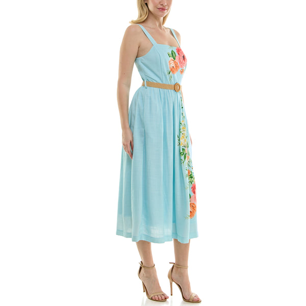 Gabby Skye MAISON TARA MULTICOLOR ROSE PRINT SLEEVELESS LINEN MIDAXI DRESS WITH POCKETS POWDER BLUE MULTI