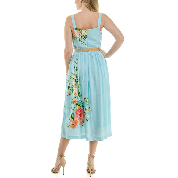Gabby Skye MAISON TARA MULTICOLOR ROSE PRINT SLEEVELESS LINEN MIDAXI DRESS WITH POCKETS POWDER BLUE MULTI