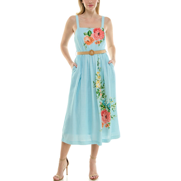 gabby skye MAISON TARA MULTICOLOR ROSE PRINT SLEEVELESS LINEN MIDAXI DRESS WITH POCKETS POWDER BLUE MULTI gabby skye MAISON TARA MULTICOLOR ROSE PRINT SLEEVELESS LINEN MIDAXI DRESS WITH POCKETS POWDER BLUE MULTI