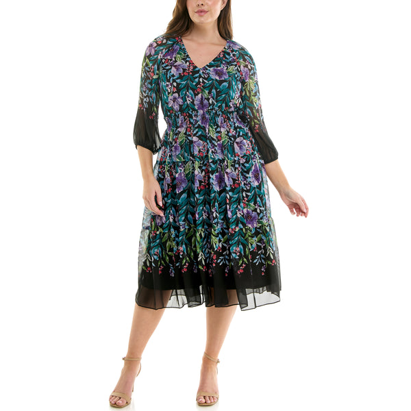 Gabby Skye MAISON TARA MULTICOLORED FLORAL PRINTED CHIFFON CURVE MIDI DRESS BLACK MULTI