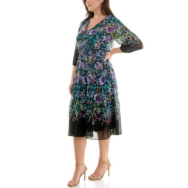 Gabby Skye MAISON TARA MULTICOLORED FLORAL PRINTED CHIFFON CURVE MIDI DRESS BLACK MULTI