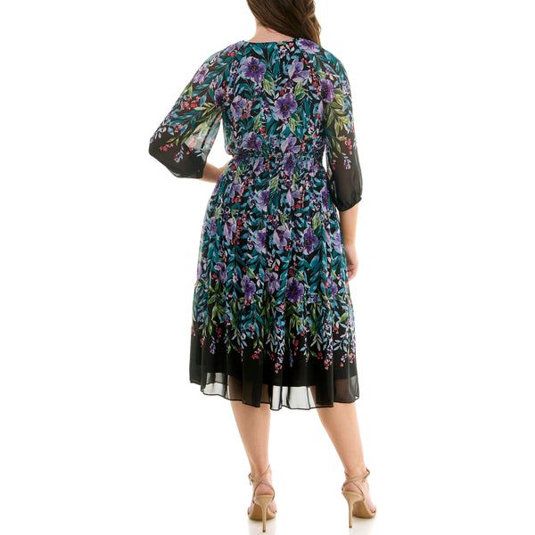Gabby Skye MAISON TARA MULTICOLORED FLORAL PRINTED CHIFFON CURVE MIDI DRESS BLACK MULTI