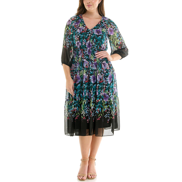 gabby skye MAISON TARA MULTICOLORED FLORAL PRINTED CHIFFON CURVE MIDI DRESS BLACK MULTI