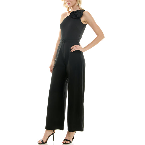 Gabby Skye MAISON TARA ONE SHOULDER ROSETTE EMBELLISHED FLARED WAIST TIE JUMPSUIT - EXCHANGE ONLY BLACK