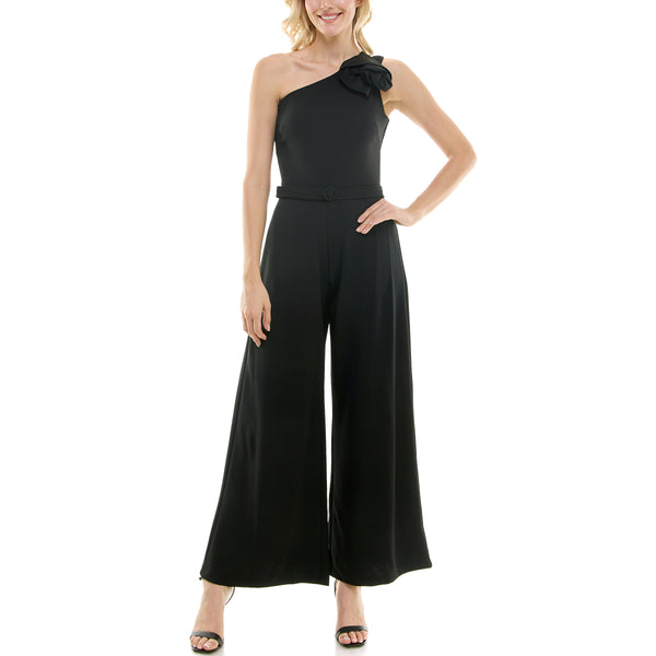 gabby skye MAISON TARA ONE SHOULDER ROSETTE EMBELLISHED FLARED WAIST TIE JUMPSUIT - EXCHANGE ONLY BLACK