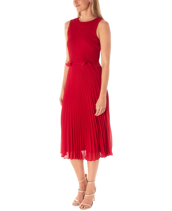 Gabby Skye MAISON TARA PEPLUM BODICE ACCORDION PLEATED MIDI DRESS RED