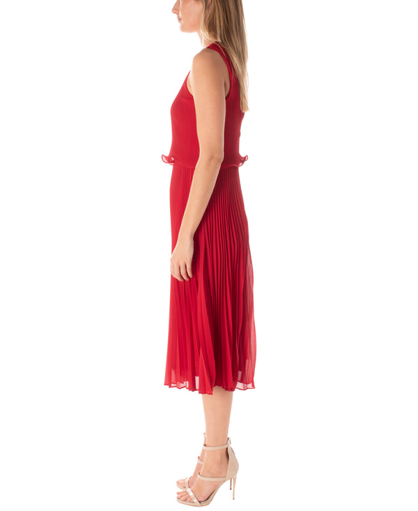 Gabby Skye MAISON TARA PEPLUM BODICE ACCORDION PLEATED MIDI DRESS RED