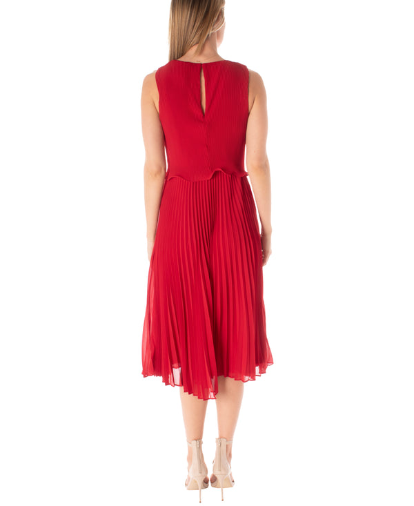 Gabby Skye MAISON TARA PEPLUM BODICE ACCORDION PLEATED MIDI DRESS RED