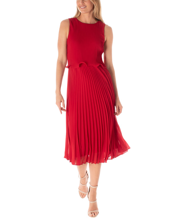 gabby skye MAISON TARA PEPLUM BODICE ACCORDION PLEATED MIDI DRESS RED