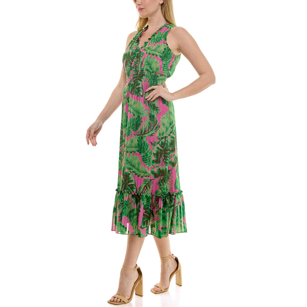 Gabby Skye MAISON TARA PLEATED SLEEVELESS TROPICAL LEAF PRINT MIDI DRESS PINK/GREEN